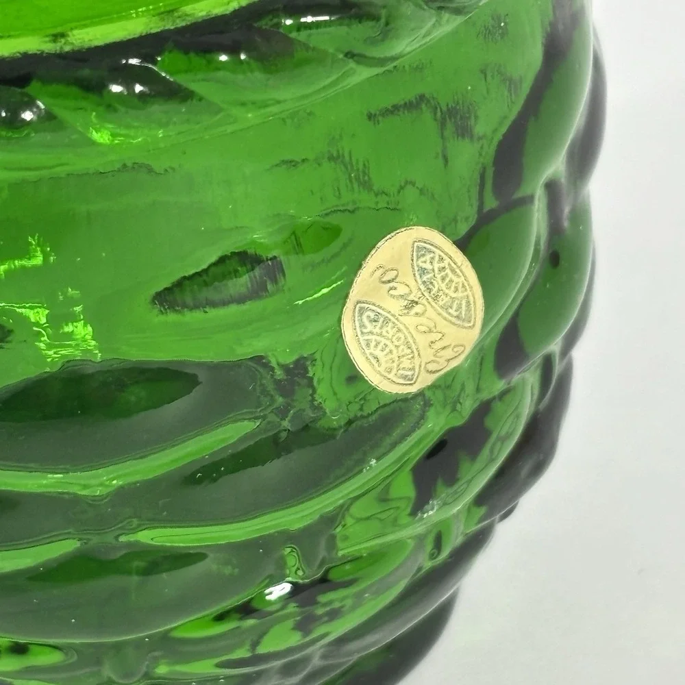 VTG Green‎ Glass Strawberry Basket Lidded Jelly Jam Jar With Spoon Slot Enesco